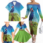 New Zealand Christmas Family Matching Off The Shoulder Long Sleeve Dress and Hawaiian Shirt Pukeko With Ponga Tree Silver Fern