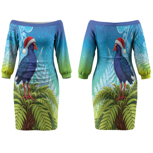 New Zealand Christmas Family Matching Off The Shoulder Long Sleeve Dress and Hawaiian Shirt Pukeko With Ponga Tree Silver Fern