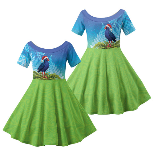 New Zealand Christmas Family Matching Off The Shoulder Long Sleeve Dress and Hawaiian Shirt Pukeko With Ponga Tree Silver Fern