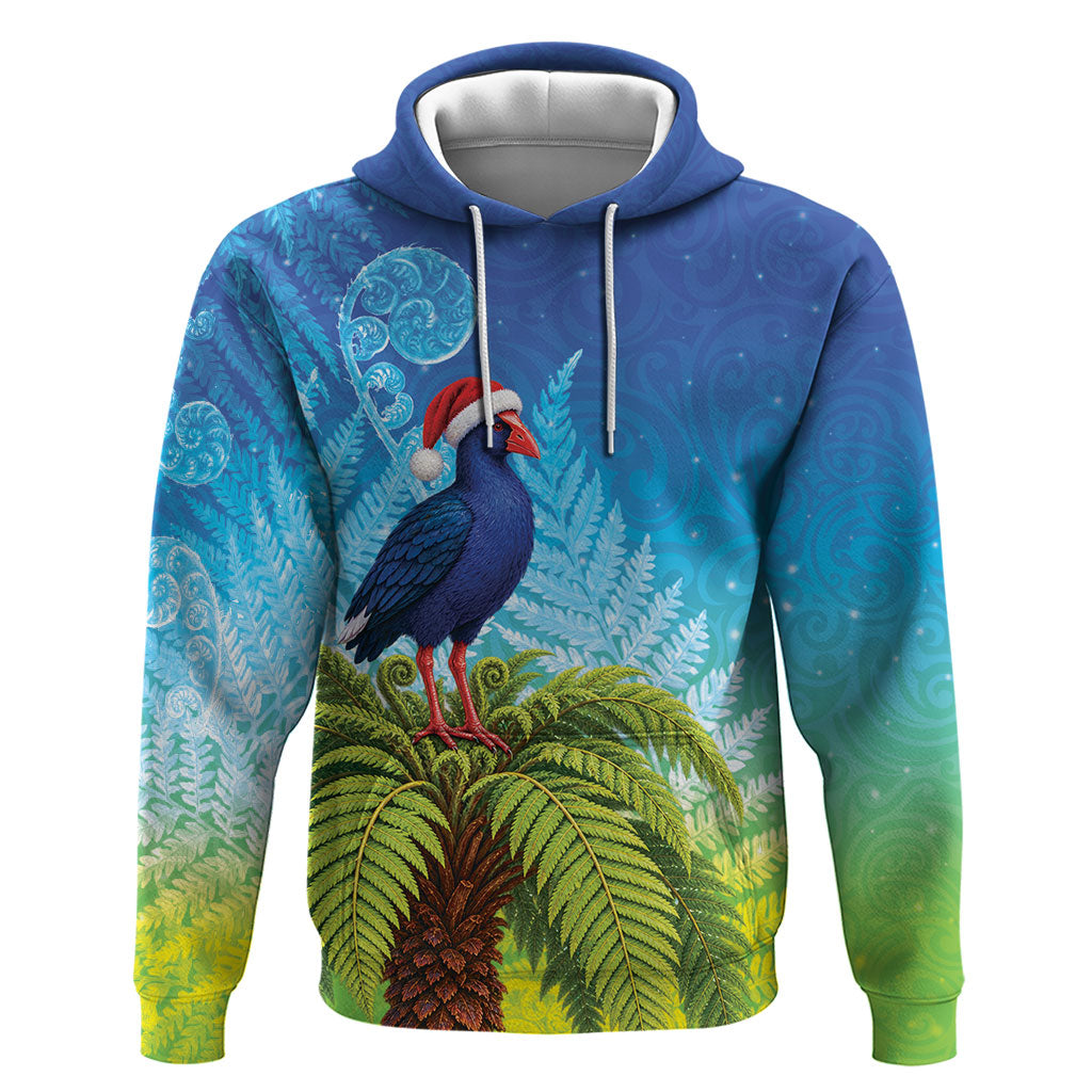New Zealand Christmas Hoodie Pukeko With Ponga Tree Silver Fern