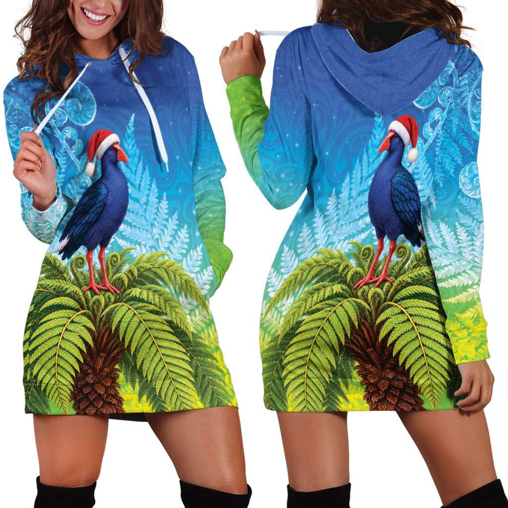 New Zealand Christmas Hoodie Dress Pukeko With Ponga Tree Silver Fern