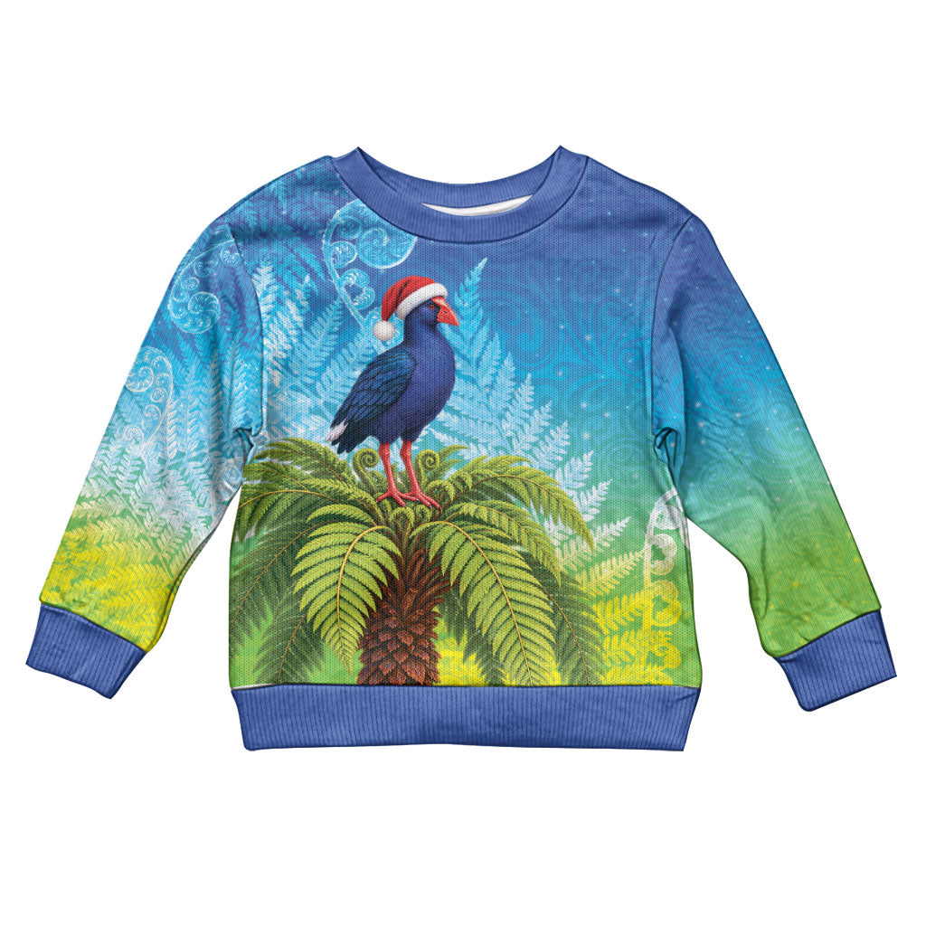 New Zealand Christmas Kid Ugly Christmas Sweater Pukeko With Ponga Tree Silver Fern