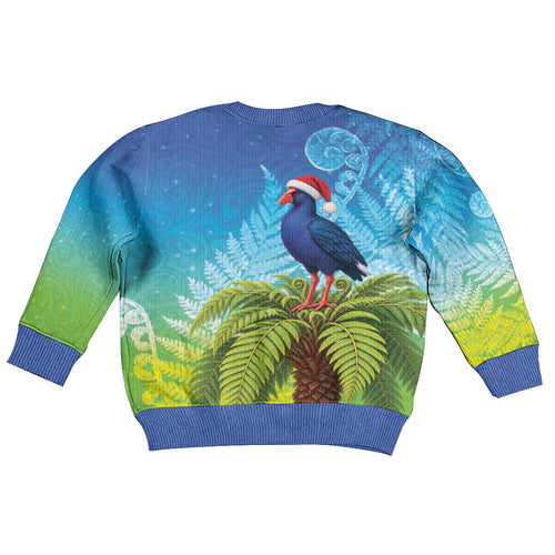 New Zealand Christmas Kid Ugly Christmas Sweater Pukeko With Ponga Tree Silver Fern