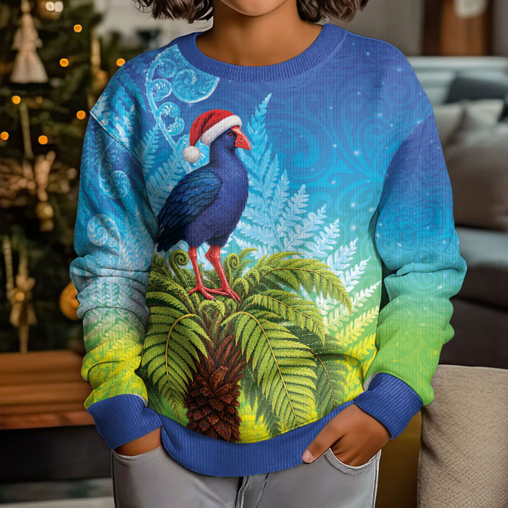 New Zealand Christmas Kid Ugly Christmas Sweater Pukeko With Ponga Tree Silver Fern