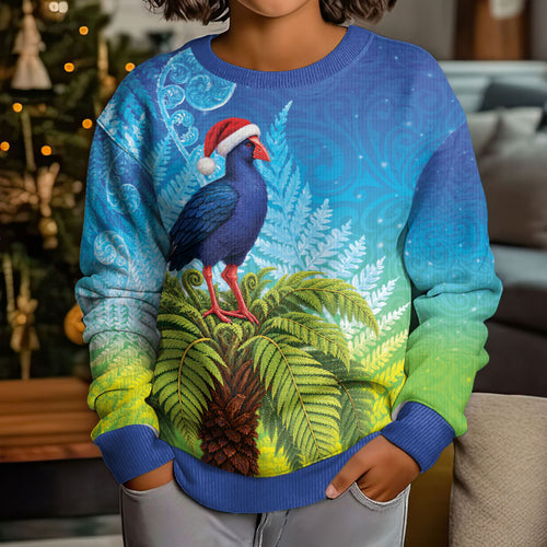 New Zealand Christmas Kid Ugly Christmas Sweater Pukeko With Ponga Tree Silver Fern