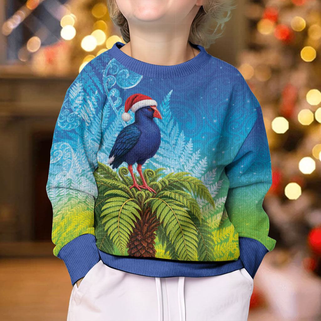 New Zealand Christmas Kid Ugly Christmas Sweater Pukeko With Ponga Tree Silver Fern