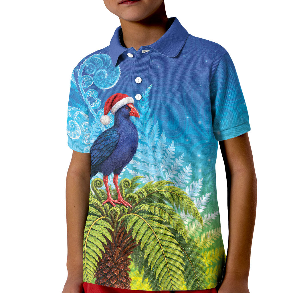 New Zealand Christmas Kid Polo Shirt Pukeko With Ponga Tree Silver Fern