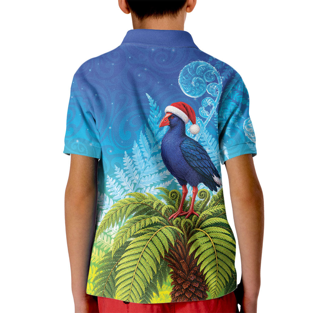 New Zealand Christmas Kid Polo Shirt Pukeko With Ponga Tree Silver Fern