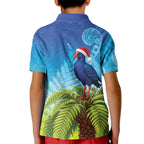 New Zealand Christmas Kid Polo Shirt Pukeko With Ponga Tree Silver Fern