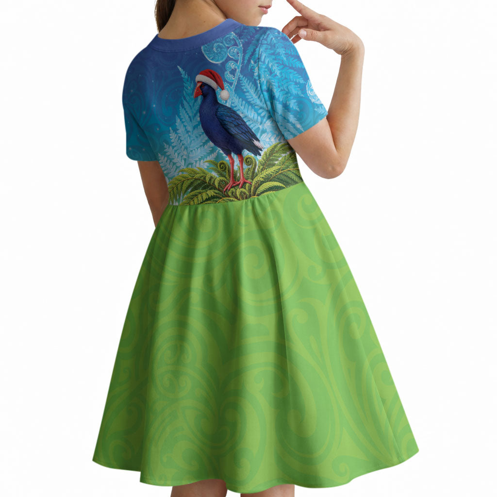 New Zealand Christmas Kid Short Sleeve Dress Pukeko With Ponga Tree Silver Fern