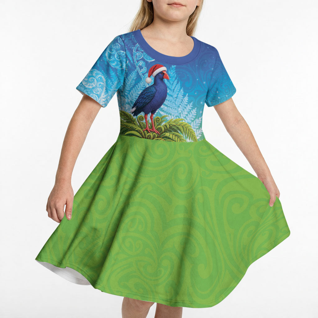 New Zealand Christmas Kid Short Sleeve Dress Pukeko With Ponga Tree Silver Fern