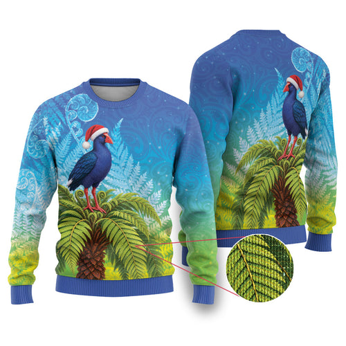New Zealand Christmas Ugly Christmas Sweater Pukeko With Ponga Tree Silver Fern