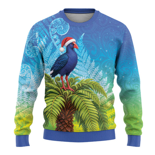 New Zealand Christmas Ugly Christmas Sweater Pukeko With Ponga Tree Silver Fern