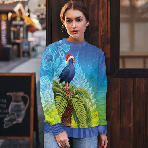 New Zealand Christmas Ugly Christmas Sweater Pukeko With Ponga Tree Silver Fern