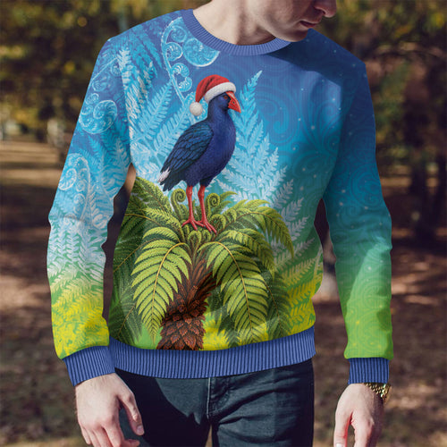 New Zealand Christmas Ugly Christmas Sweater Pukeko With Ponga Tree Silver Fern