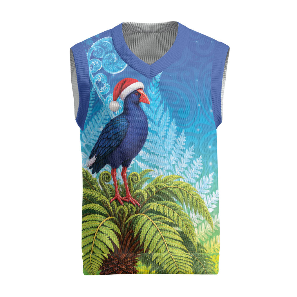 New Zealand Christmas Knitted V-Neck Vest Pukeko With Ponga Tree Silver Fern