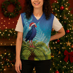 New Zealand Christmas Knitted V-Neck Vest Pukeko With Ponga Tree Silver Fern