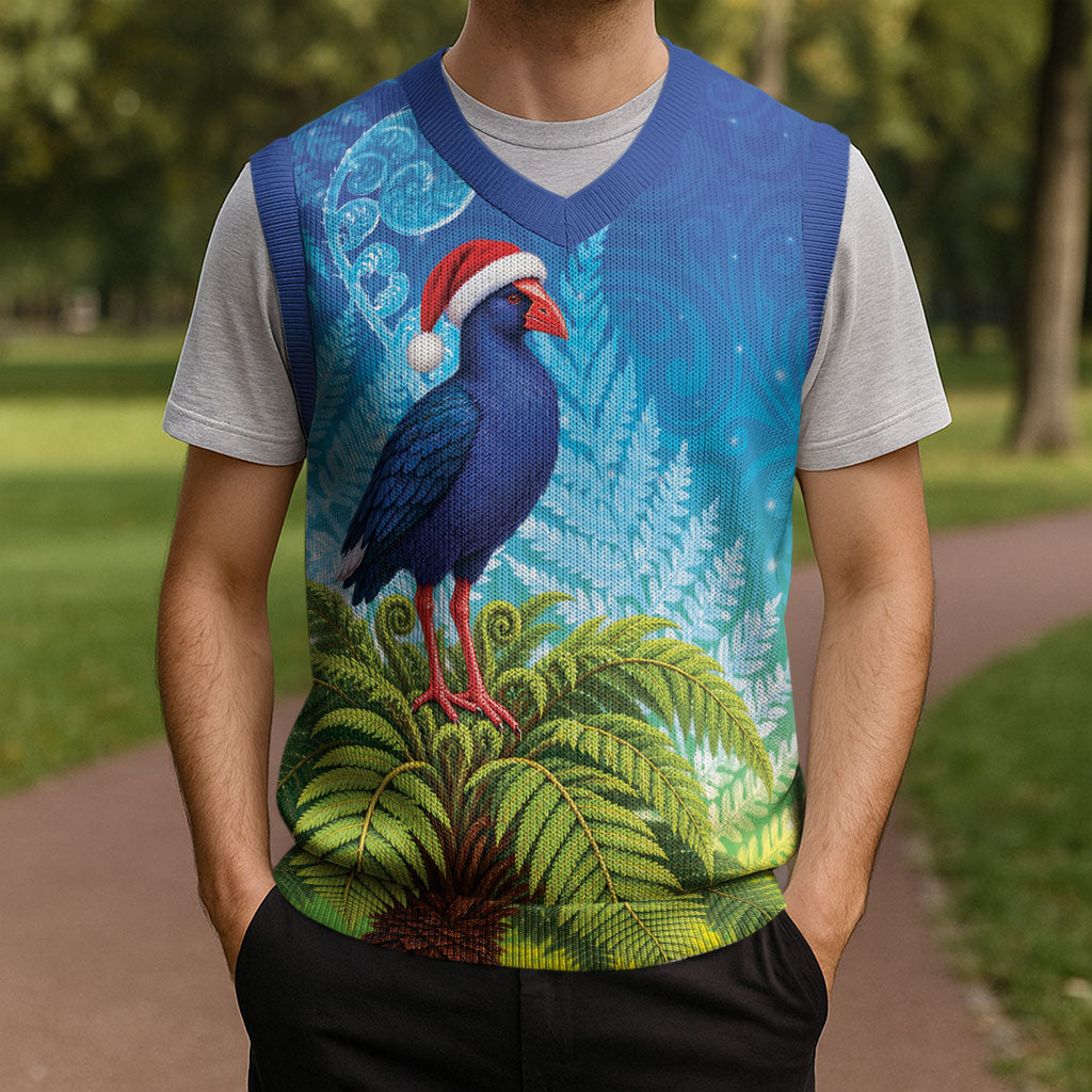 New Zealand Christmas Knitted V-Neck Vest Pukeko With Ponga Tree Silver Fern