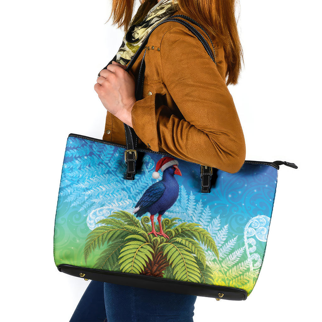 New Zealand Christmas Leather Tote Bag Pukeko With Ponga Tree Silver Fern
