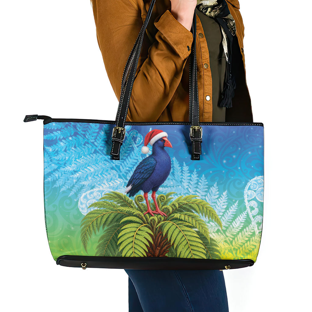 New Zealand Christmas Leather Tote Bag Pukeko With Ponga Tree Silver Fern