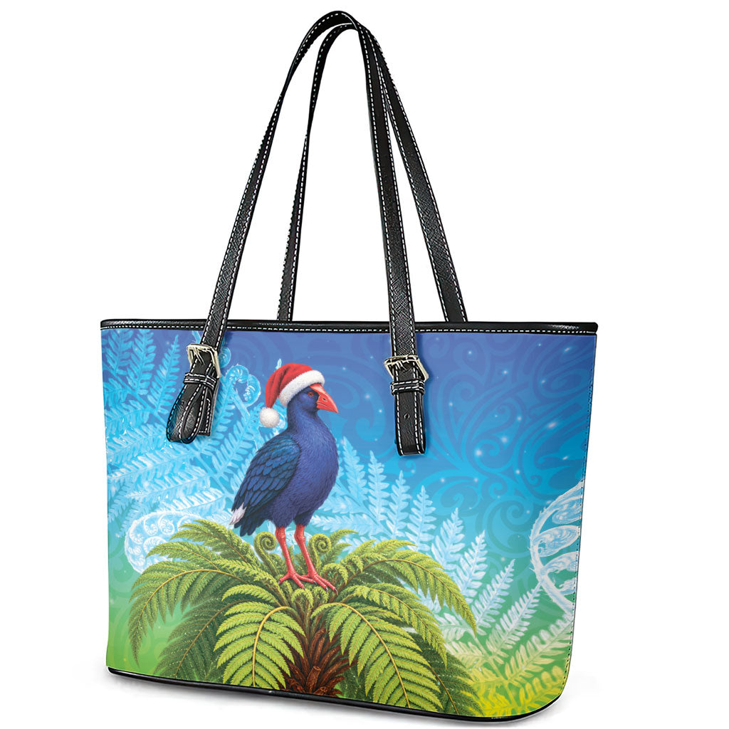 New Zealand Christmas Leather Tote Bag Pukeko With Ponga Tree Silver Fern