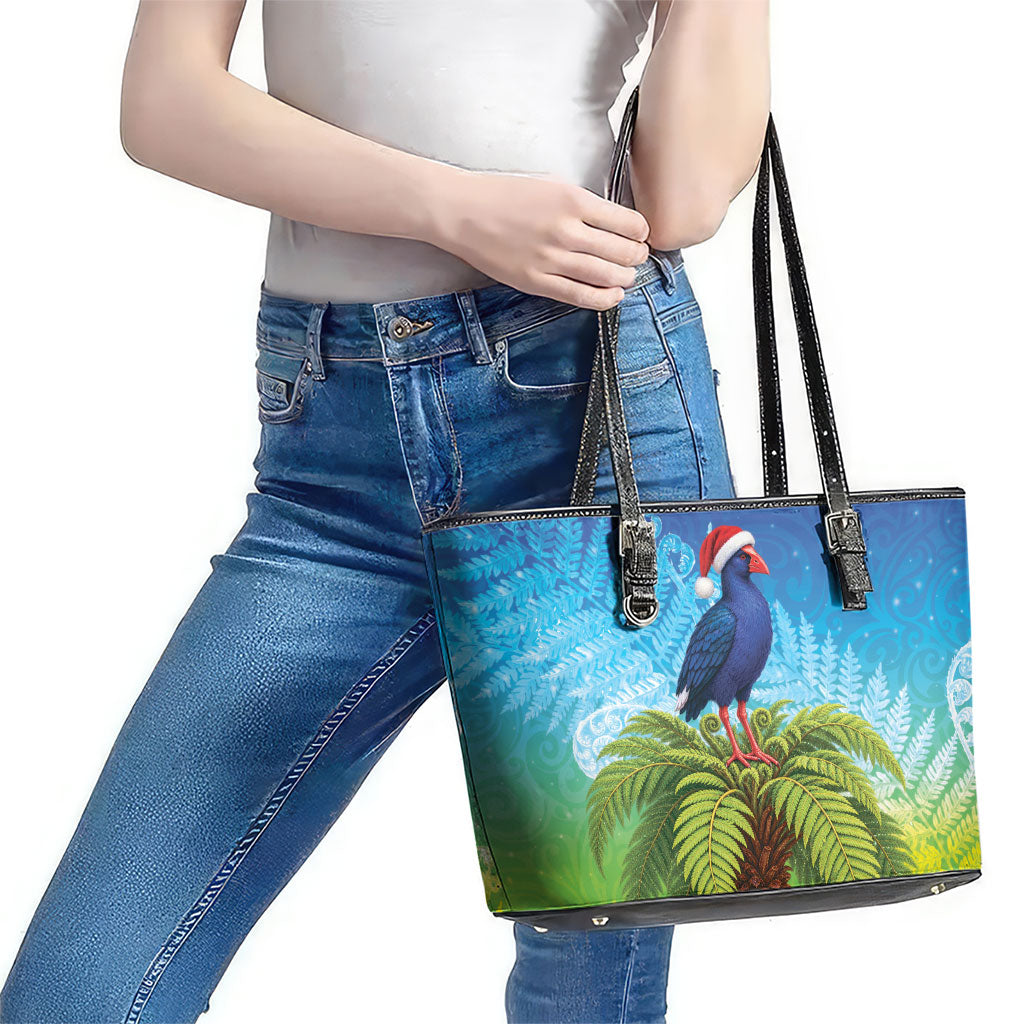 New Zealand Christmas Leather Tote Bag Pukeko With Ponga Tree Silver Fern