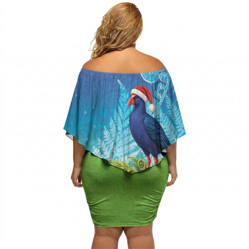 New Zealand Christmas Off Shoulder Short Dress Pukeko With Ponga Tree Silver Fern