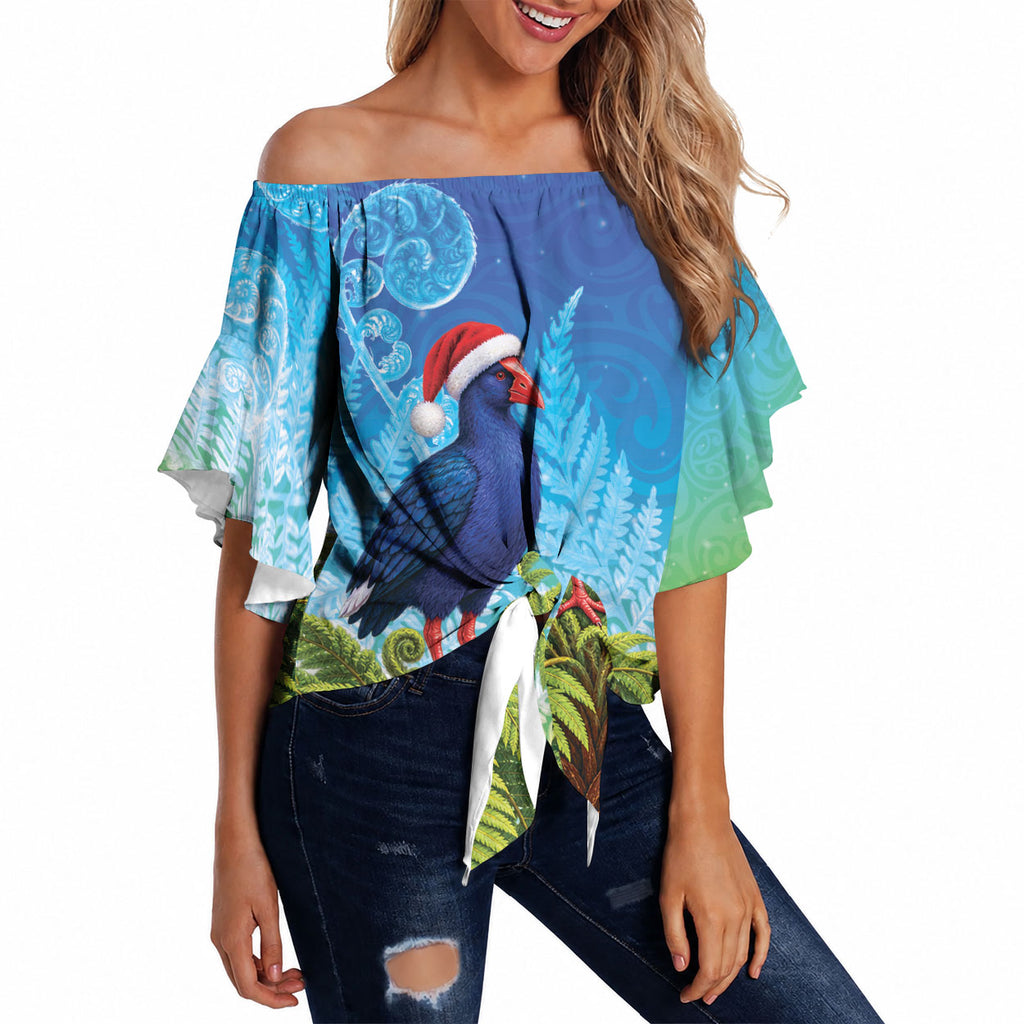 New Zealand Christmas Off Shoulder Wrap Waist Top Pukeko With Ponga Tree Silver Fern