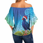 New Zealand Christmas Off Shoulder Wrap Waist Top Pukeko With Ponga Tree Silver Fern