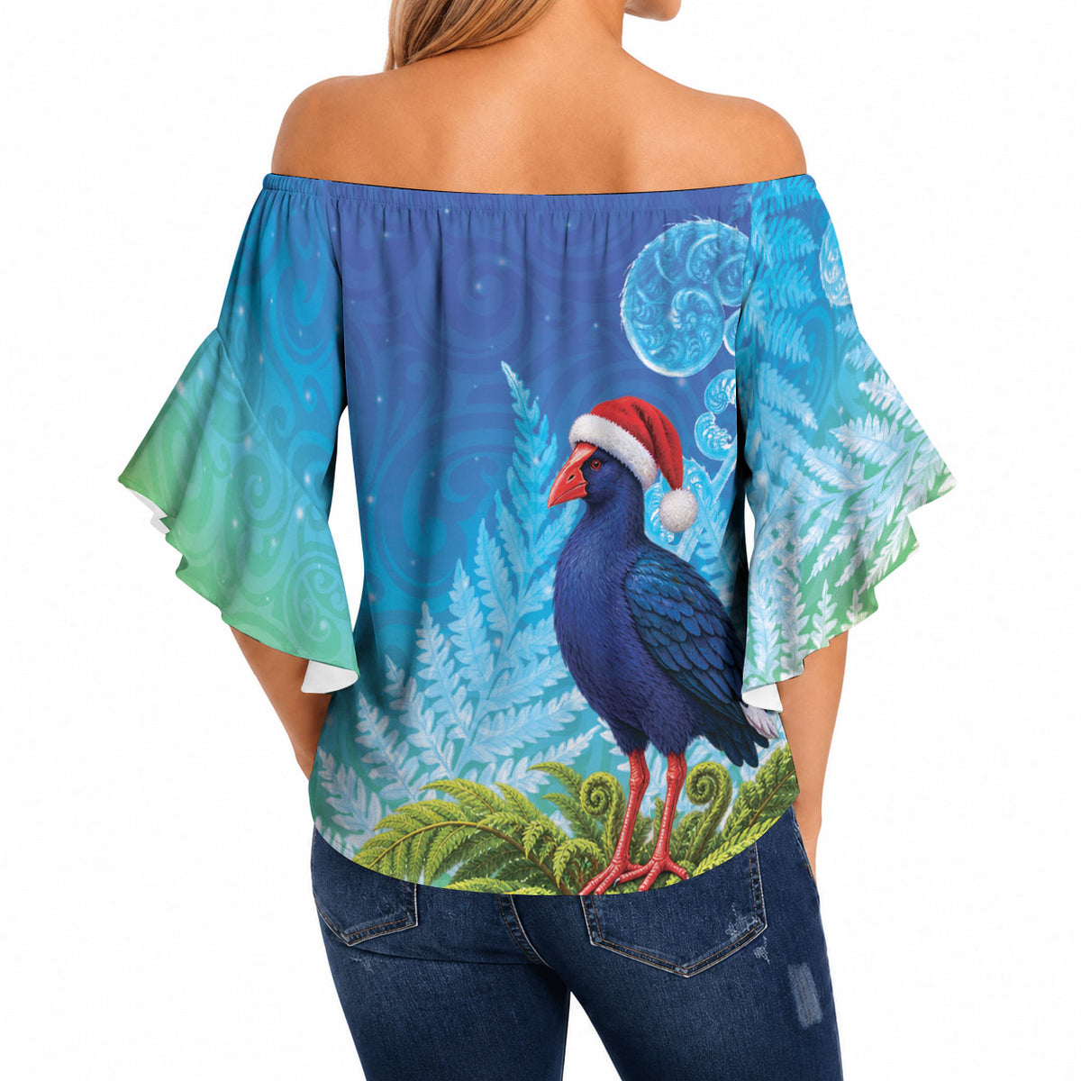 New Zealand Christmas Off Shoulder Wrap Waist Top Pukeko With Ponga Tree Silver Fern