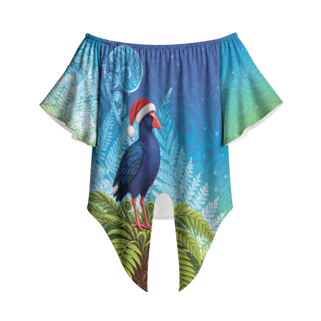 New Zealand Christmas Off Shoulder Wrap Waist Top Pukeko With Ponga Tree Silver Fern