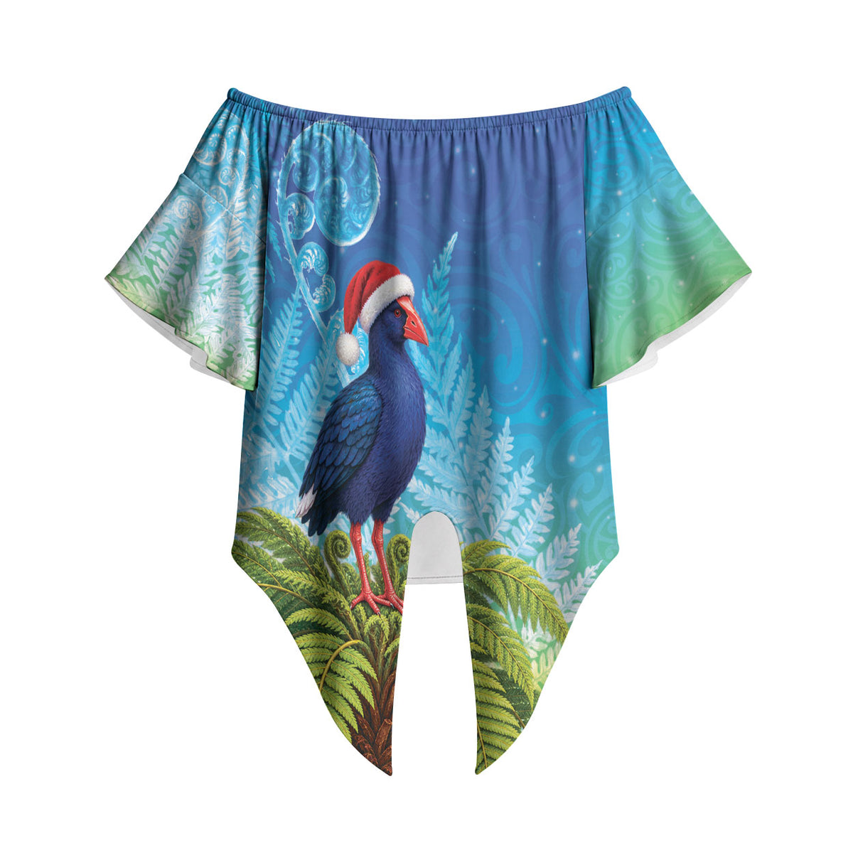 New Zealand Christmas Off Shoulder Wrap Waist Top Pukeko With Ponga Tree Silver Fern