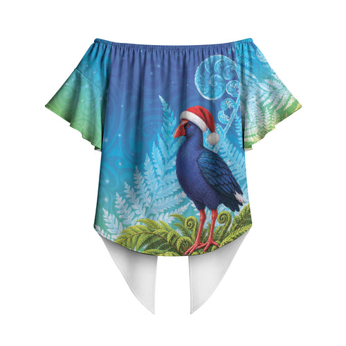 New Zealand Christmas Off Shoulder Wrap Waist Top Pukeko With Ponga Tree Silver Fern