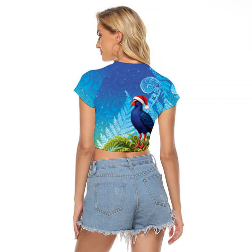 New Zealand Christmas Raglan Cropped T Shirt Pukeko With Ponga Tree Silver Fern
