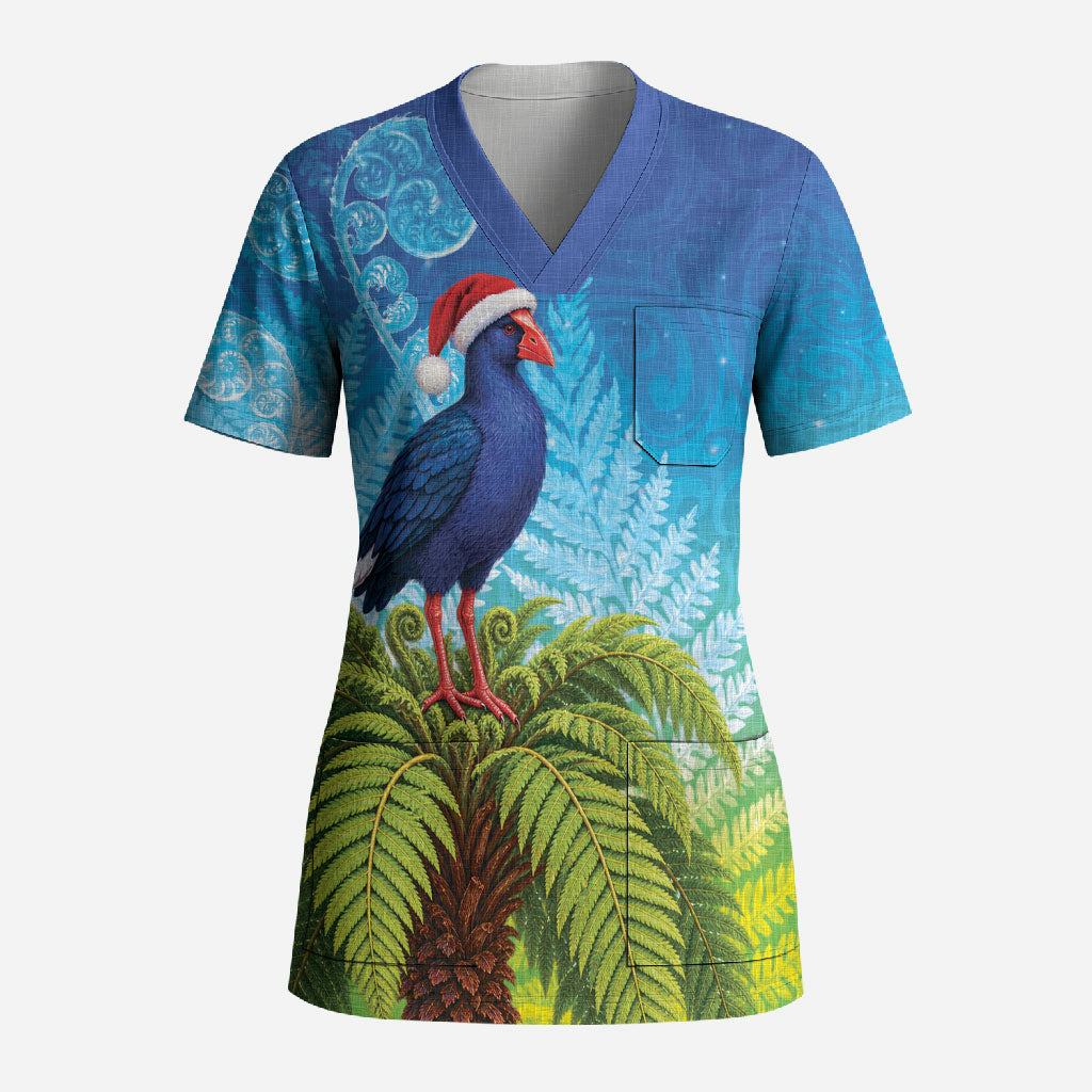 New Zealand Christmas Scrub Top Pukeko With Ponga Tree Silver Fern