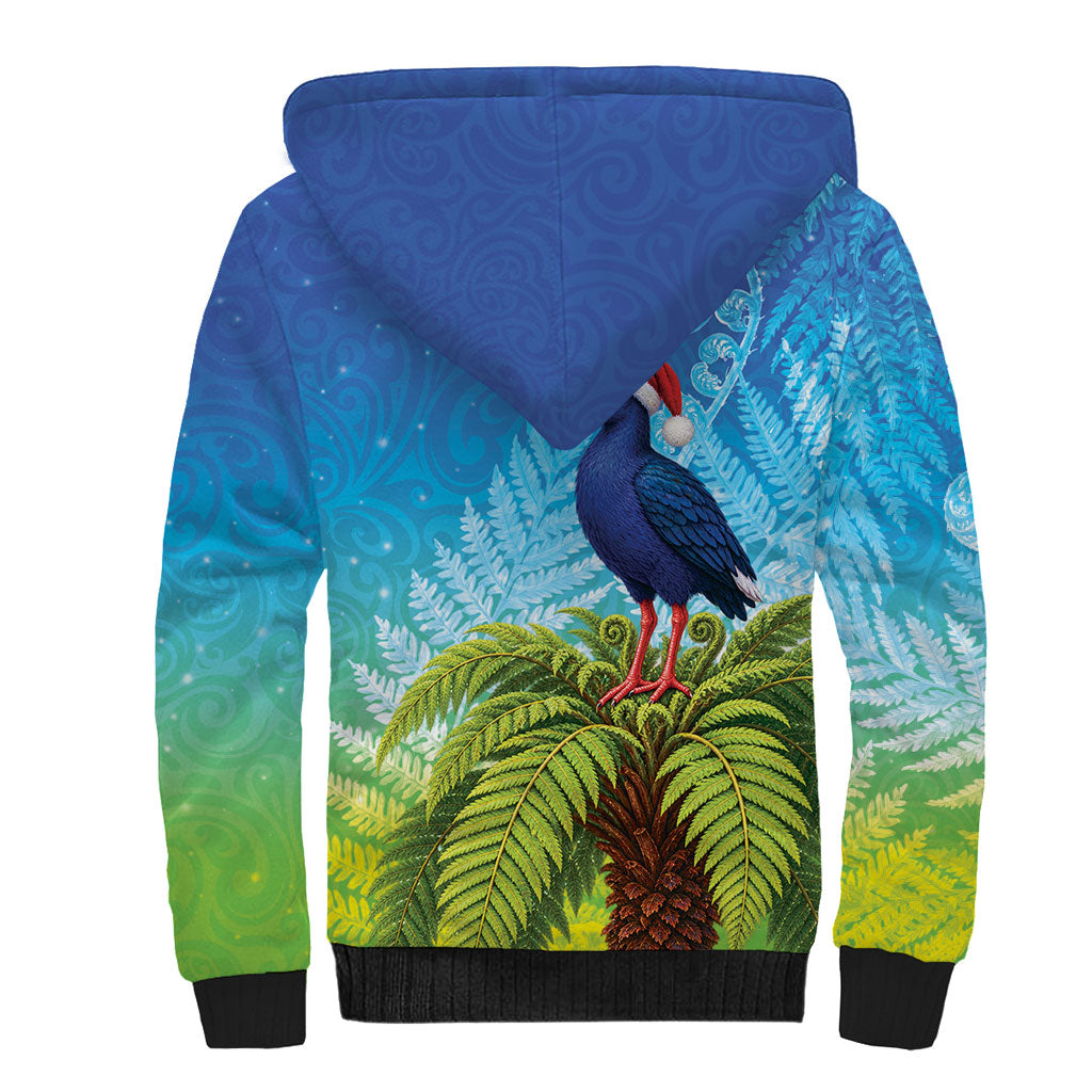 New Zealand Christmas Sherpa Hoodie Pukeko With Ponga Tree Silver Fern