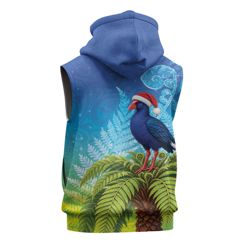 New Zealand Christmas Sleeveless Hoodie Pukeko With Ponga Tree Silver Fern