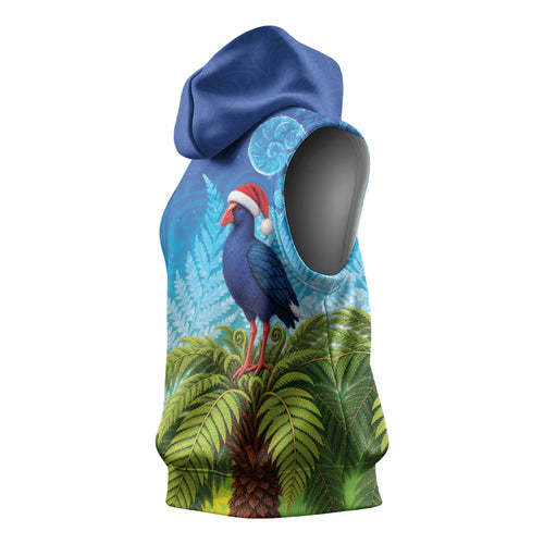 New Zealand Christmas Sleeveless Hoodie Pukeko With Ponga Tree Silver Fern