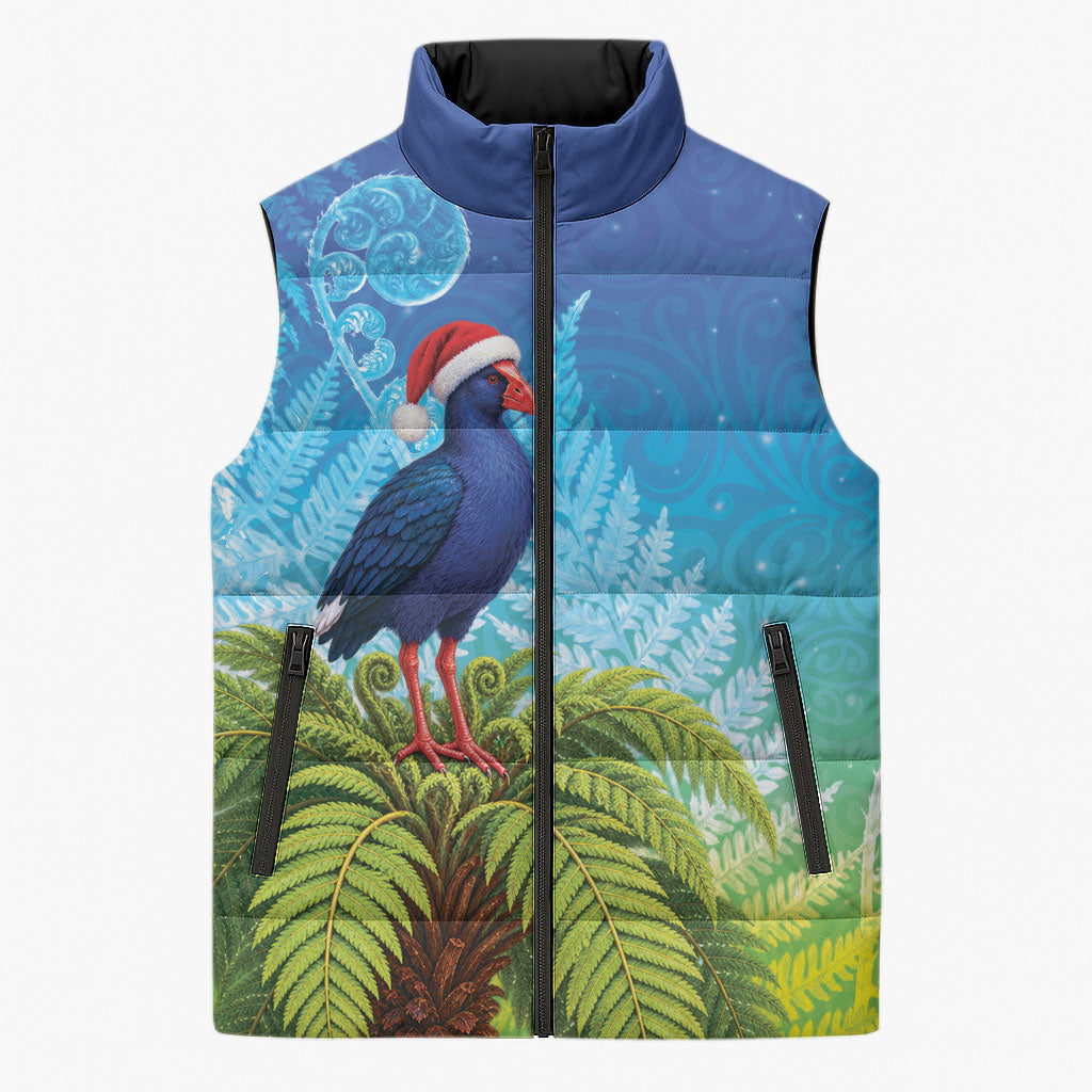 New Zealand Christmas Sleeveless Puffer Jacket Pukeko With Ponga Tree Silver Fern