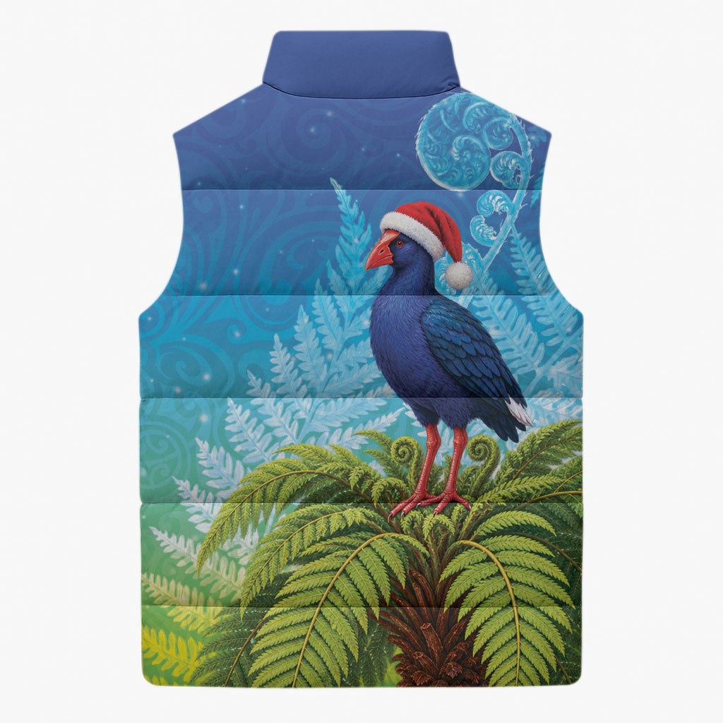 New Zealand Christmas Sleeveless Puffer Jacket Pukeko With Ponga Tree Silver Fern
