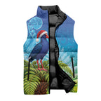 New Zealand Christmas Sleeveless Puffer Jacket Pukeko With Ponga Tree Silver Fern