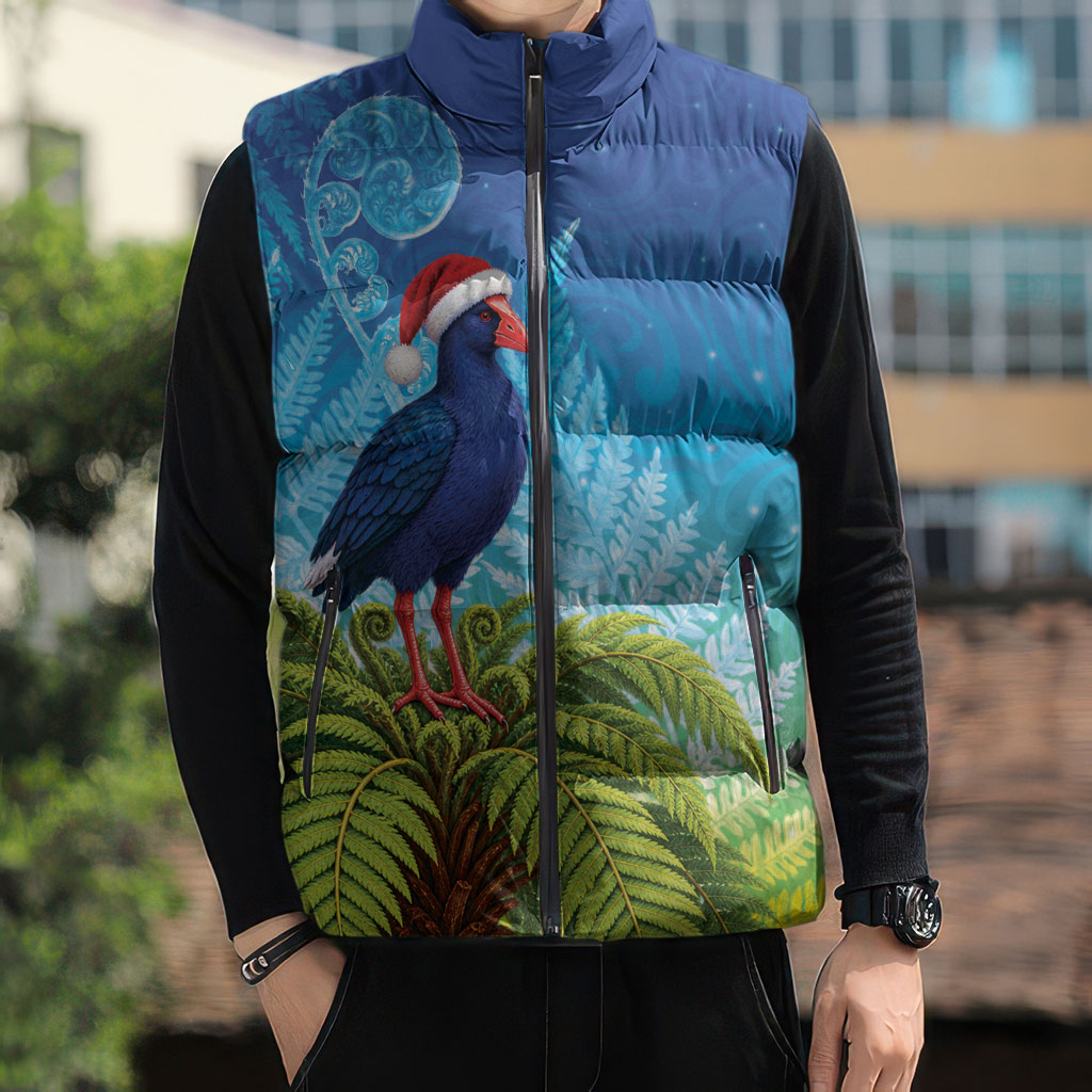 New Zealand Christmas Sleeveless Puffer Jacket Pukeko With Ponga Tree Silver Fern