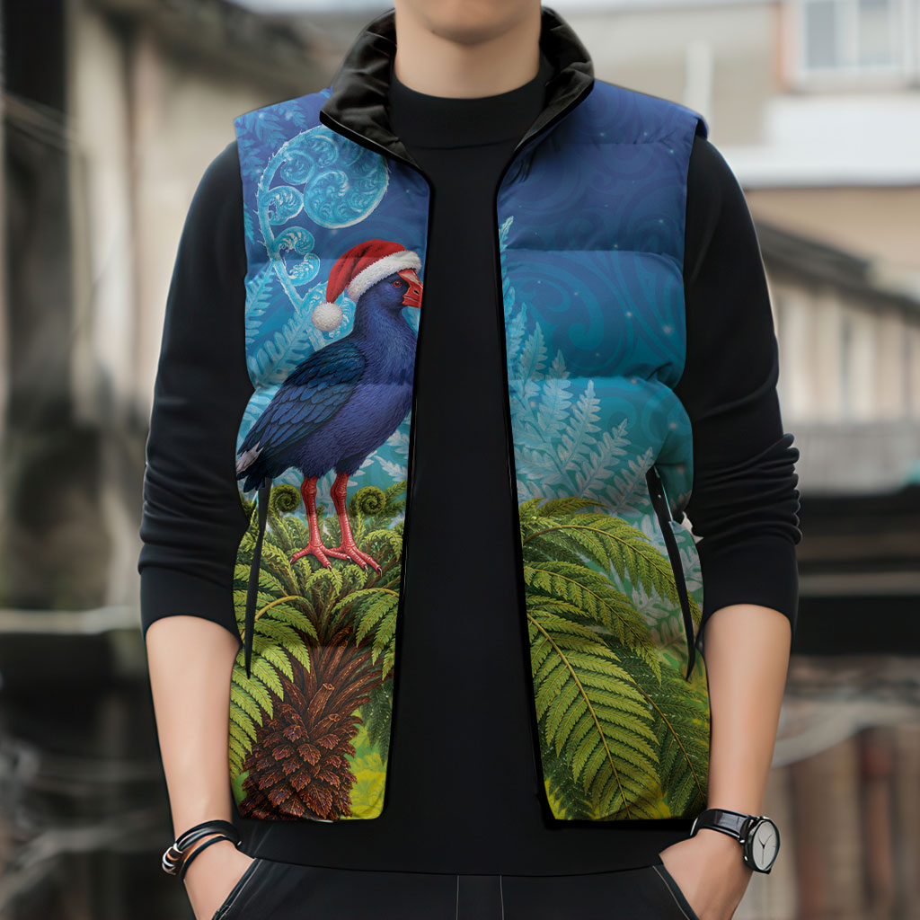 New Zealand Christmas Sleeveless Puffer Jacket Pukeko With Ponga Tree Silver Fern