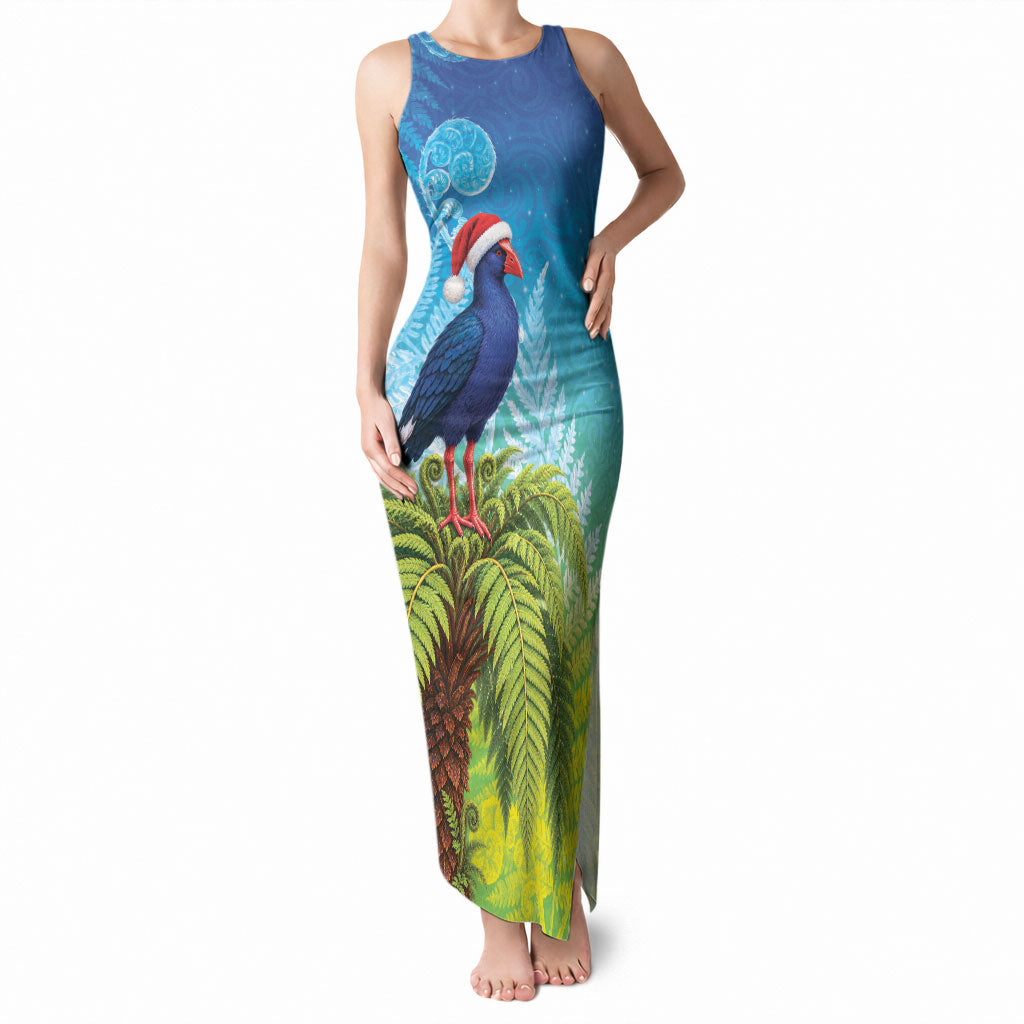 New Zealand Christmas Tank Maxi Dress Pukeko With Ponga Tree Silver Fern