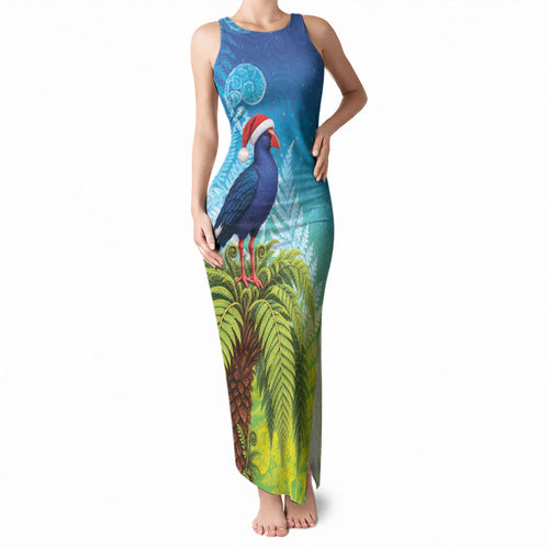 New Zealand Christmas Tank Maxi Dress Pukeko With Ponga Tree Silver Fern