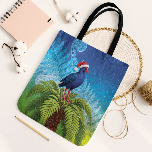 New Zealand Christmas Tote Bag Pukeko With Ponga Tree Silver Fern