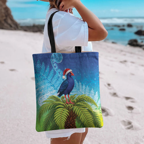 New Zealand Christmas Tote Bag Pukeko With Ponga Tree Silver Fern