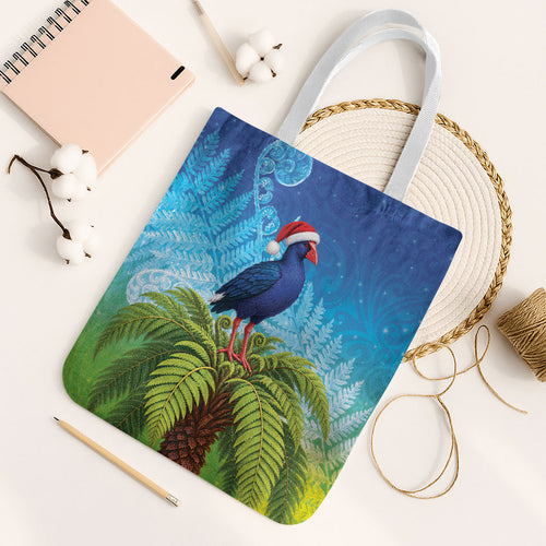 New Zealand Christmas Tote Bag Pukeko With Ponga Tree Silver Fern
