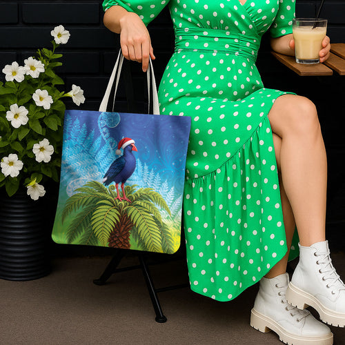 New Zealand Christmas Tote Bag Pukeko With Ponga Tree Silver Fern