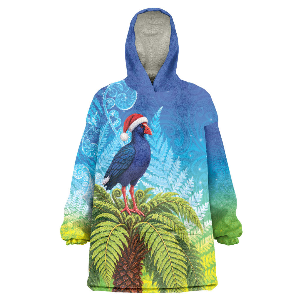 New Zealand Christmas Wearable Blanket Hoodie Pukeko With Ponga Tree Silver Fern